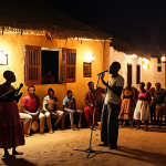 **

A dimly lit, intimate concert scene in a small Cape Verdean village. People are singing along with eyes full of emotion, illuminated by the warm glow of lanterns. Focus on the passion and community spirit.

**