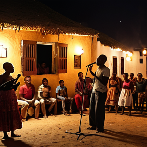 Home 11 **
A dimly lit, intimate concert scene in a small Cape Verdean village. People are singing along with eyes full of emotion, illuminated by the warm glow of lanterns. Focus on the passion and community spirit.
**