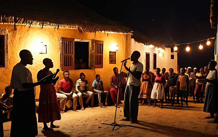 **
A dimly lit, intimate concert scene in a small Cape Verdean village. People are singing along with eyes full of emotion, illuminated by the warm glow of lanterns. Focus on the passion and community spirit.
**