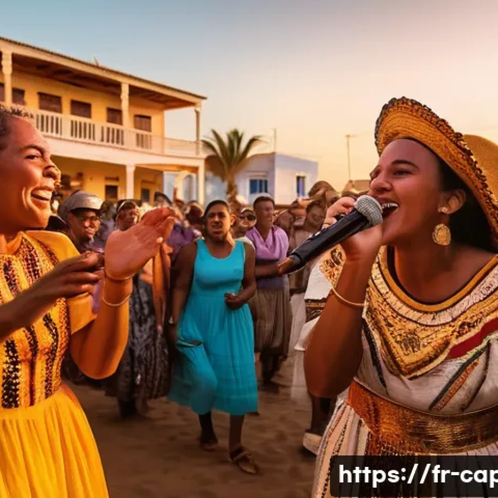 카보베르데 국제적 유명 인물 - A vibrant outdoor music festival scene on a Cape Verde island at sunset, featuring diverse musicians...