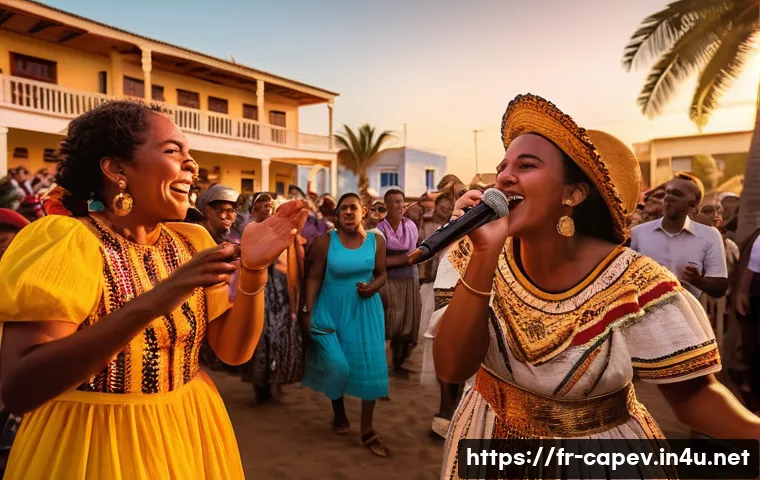 카보베르데 국제적 유명 인물 - A vibrant outdoor music festival scene on a Cape Verde island at sunset, featuring diverse musicians...
