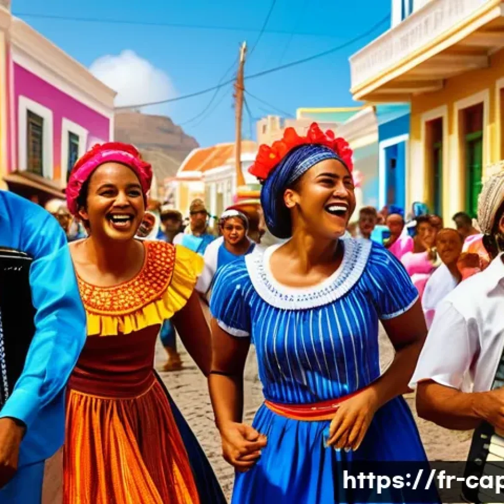 카보베르데 전통문화 체험 - A lively street scene in Mindelo during a traditional funaná dance workshop, featuring diverse adult...