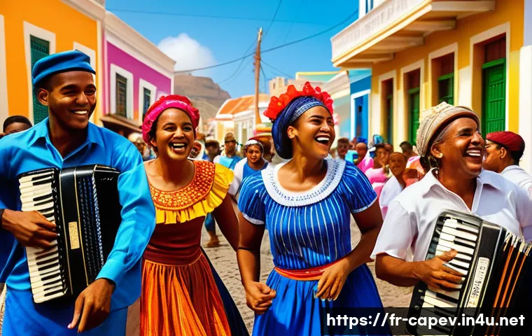 카보베르데 전통문화 체험 - A lively street scene in Mindelo during a traditional funaná dance workshop, featuring diverse adult...