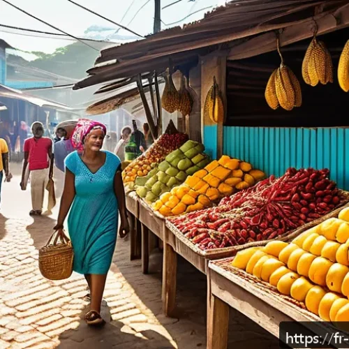 Home 33 카보베르데 시장 탐방 - A vibrant Cape Verdean market scene at midday, featuring colorful tropical fruits like bright yellow...