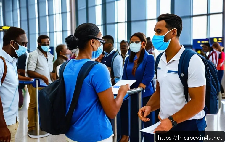 카보베르데 입국 절차 - A detailed airport arrival scene at Amílcar Cabral International Airport in Cape Verde, showing a di...
