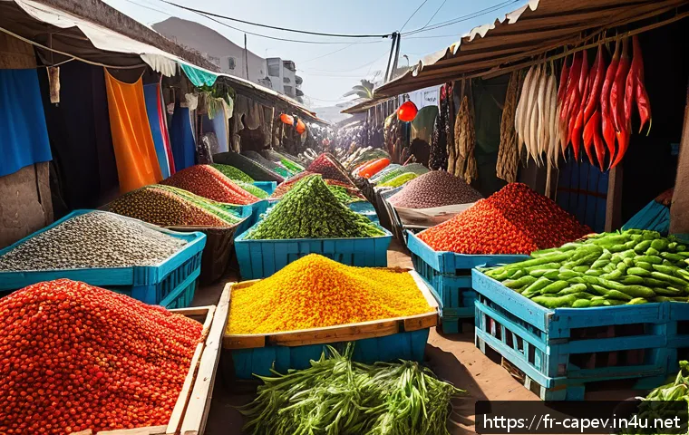 카보베르데 현지인 추천 맛집 - A vibrant street market scene in Praia, Cape Verde, showcasing colorful stalls filled with fresh loc...