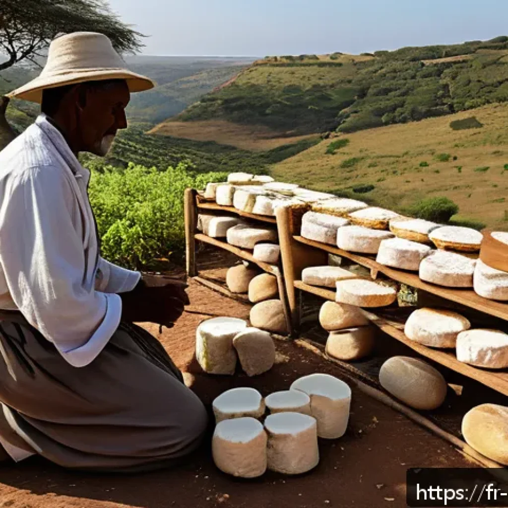 카보베르데 고트 치즈 - A rustic Cape Verdean goat cheese artisan workshop scene: a sunlit, simple stone room with wooden sh...