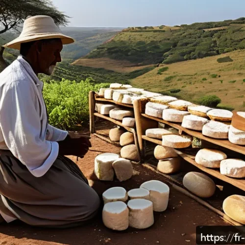 Home 30 카보베르데 고트 치즈 - A rustic Cape Verdean goat cheese artisan workshop scene: a sunlit, simple stone room with wooden sh...