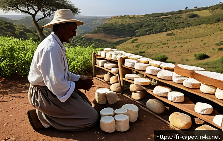 카보베르데 고트 치즈 - A rustic Cape Verdean goat cheese artisan workshop scene: a sunlit, simple stone room with wooden sh...