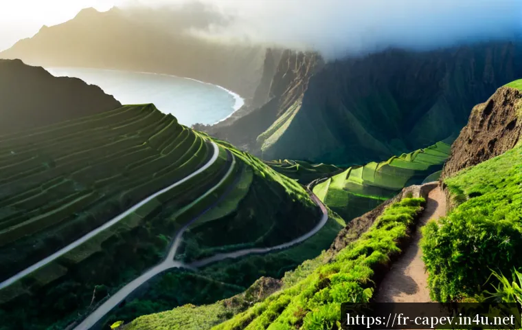 카보베르데 추천 관광지 - Photorealistic panoramic view of Santo Antão, Cape Verde, dramatic green mountain valleys and terrac...
